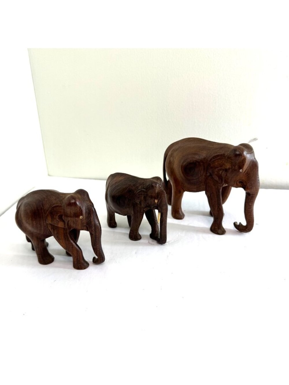 Hand Carved Wooden Elephant Figurines Lot Vtg Carved Wood Animal Decor Set of 3
